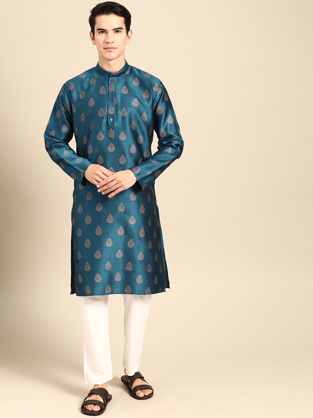 

MANQ Men Ethnic Motifs Printed Regular Kurta with Pyjamas, Teal