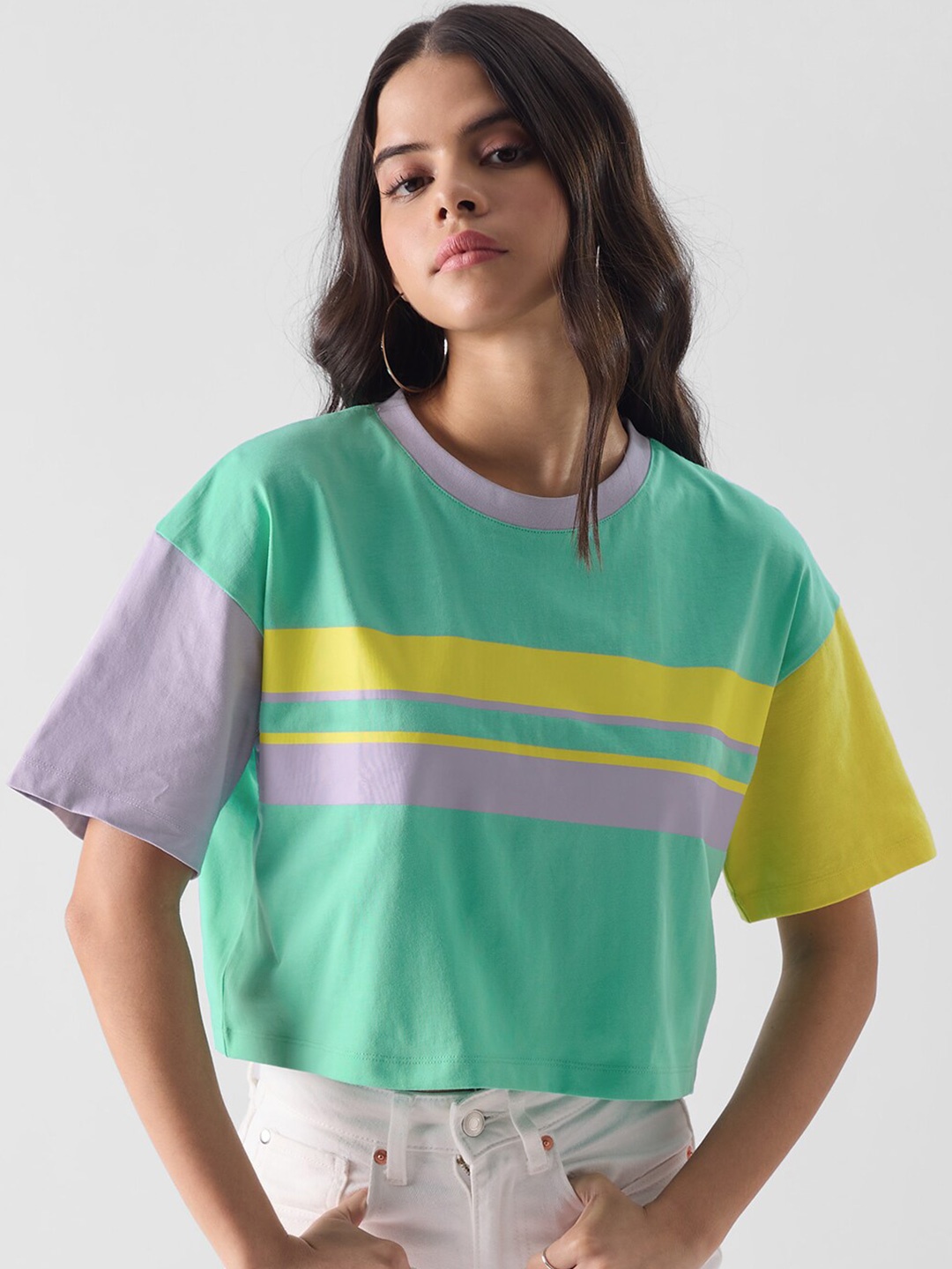 

The Souled Store Green & Grey Colourblocked Oversized Fit Pure Cotton Crop T-shirt
