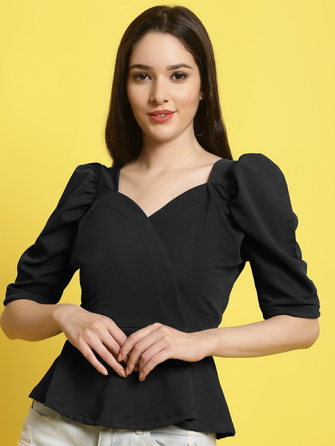 

BAESD Sweetheart Neck Puff Sleeves Peplum Top, Black