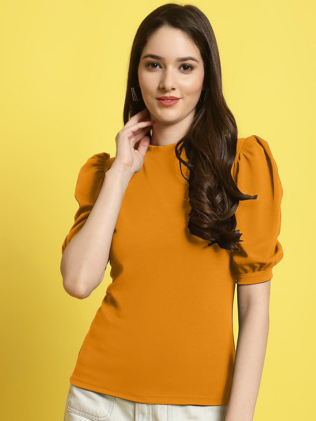 

BAESD Round Neck Puff Sleeves Top, Mustard