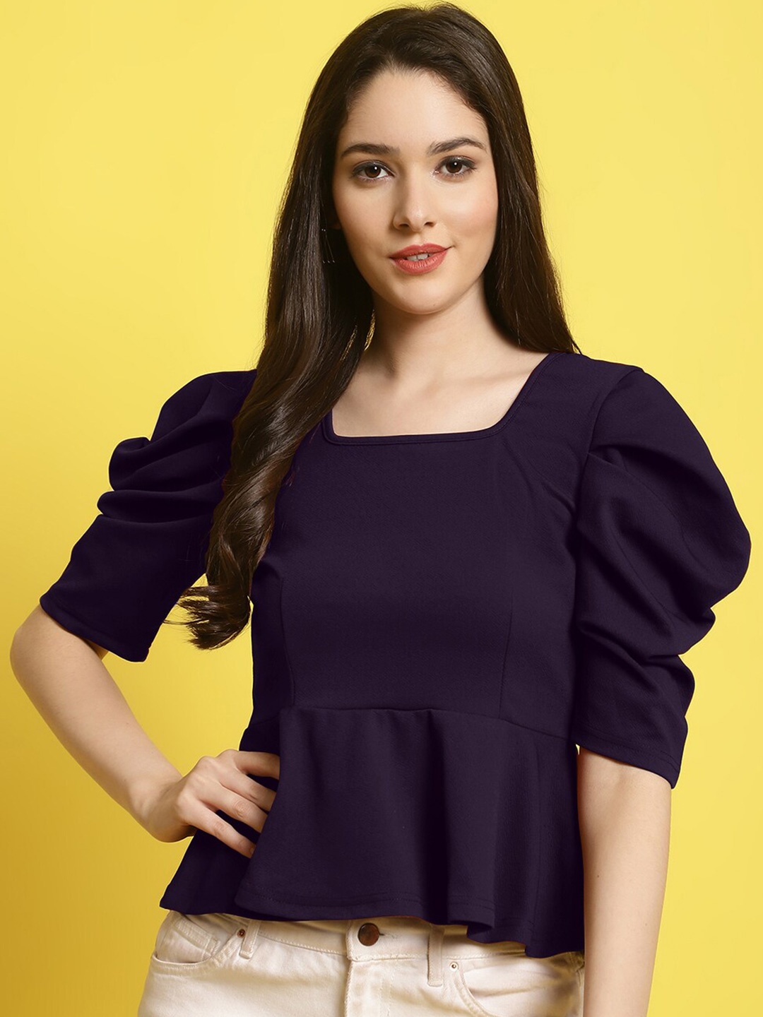 

BAESD Square Neck Puff Sleeves Peplum Top, Black