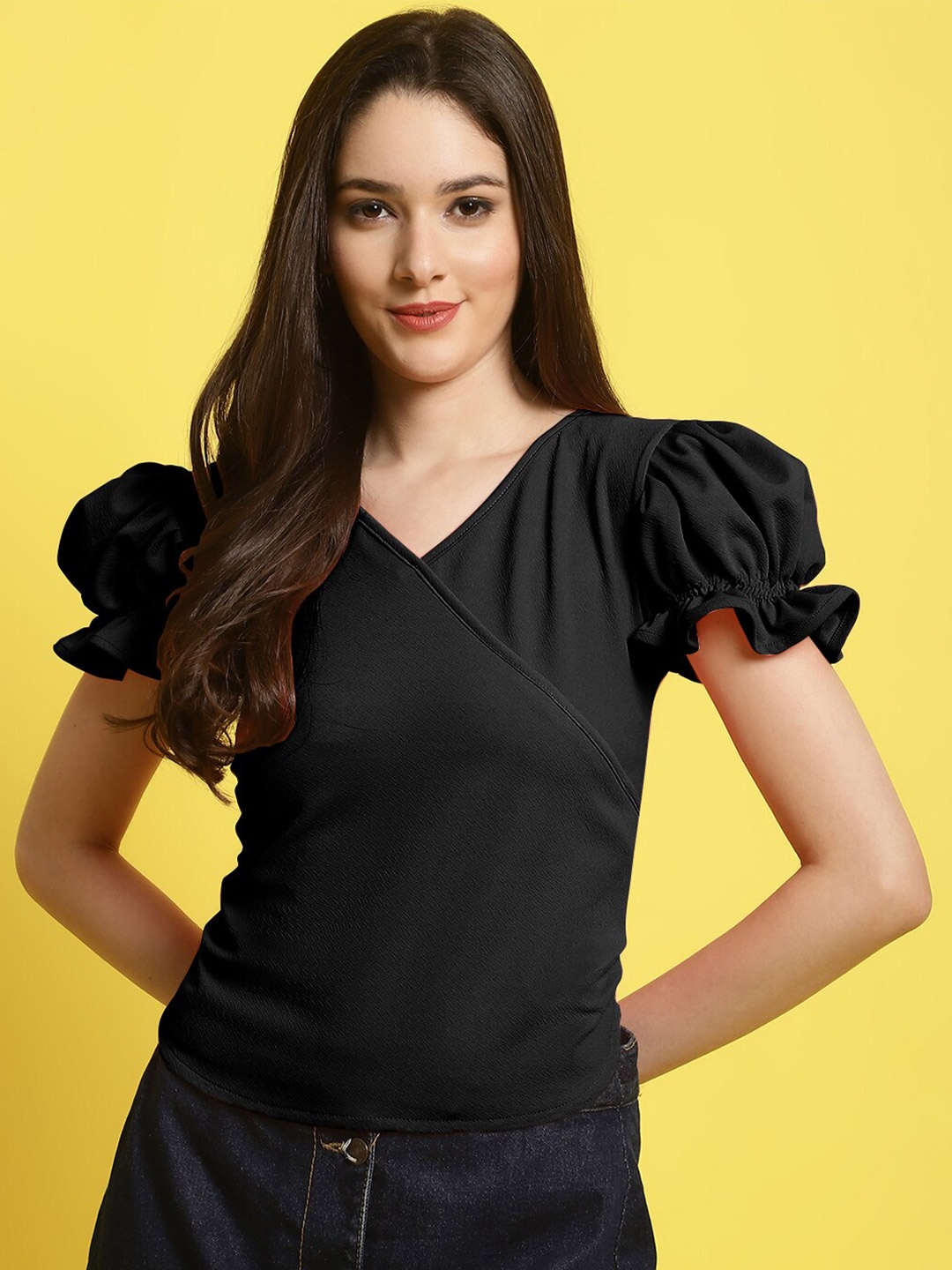 

BAESD V-Neck Puff Sleeve Top, Black