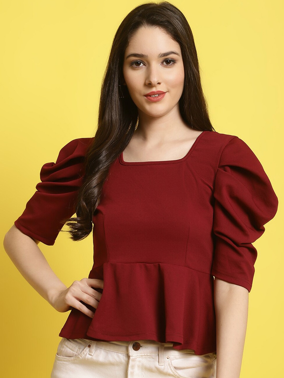 

BAESD Puff Sleeve Peplum Top, Maroon