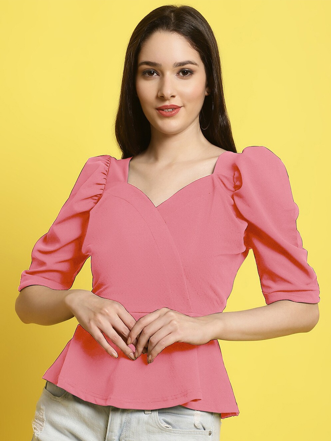 

BAESD Sweetheart Neck Puffed Sleeves Peplum Top, Pink