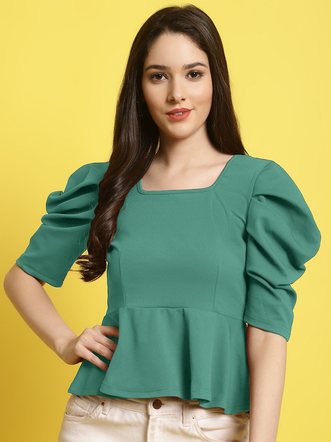 

BAESD Square Neck Puff Sleeves Peplum Top, Green