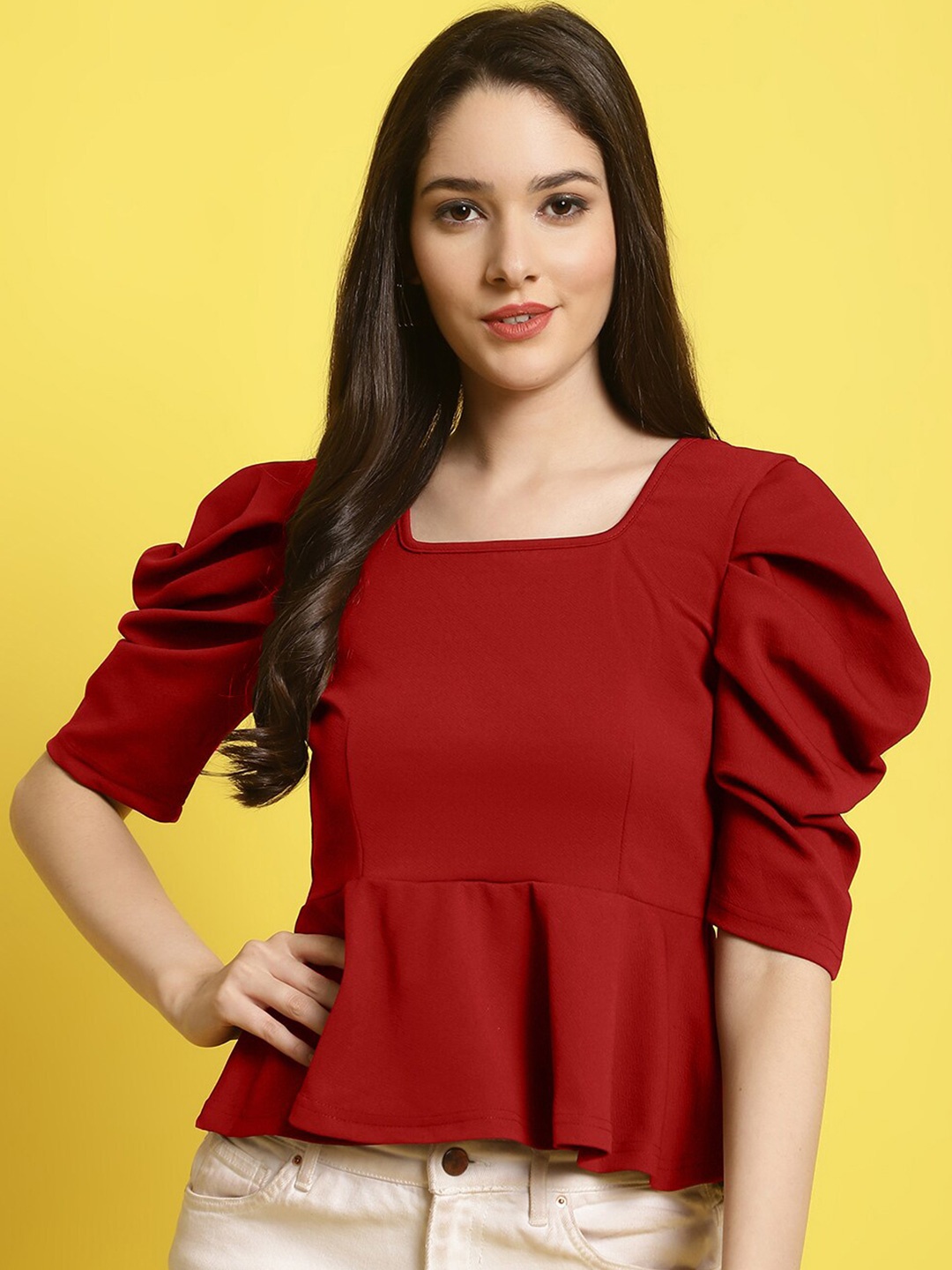 

BAESD Square Neck Puff Sleeves Gathered Peplum Top, Red