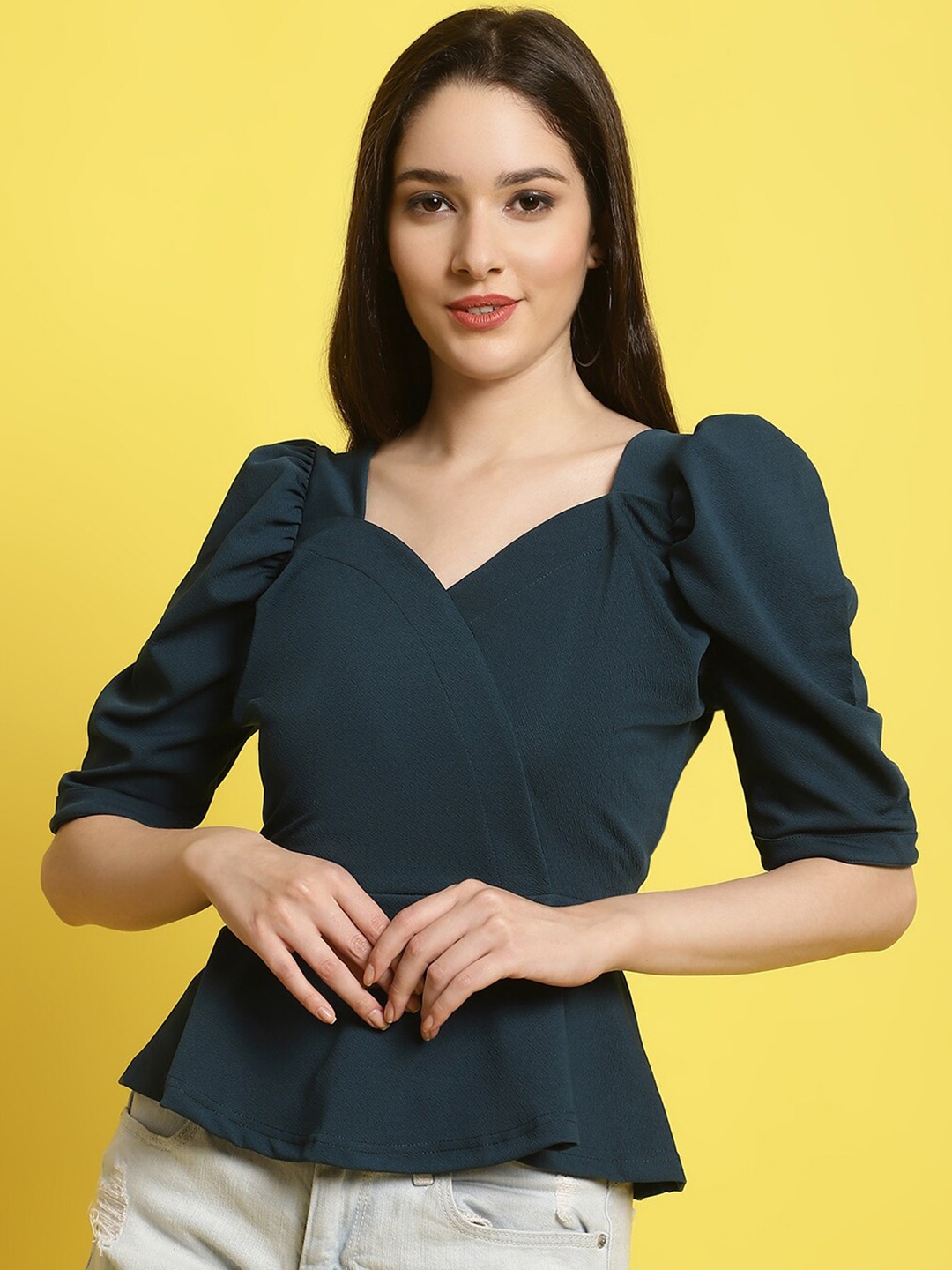 

BAESD Sweetheart Neck Puff Sleeves Peplum Top, Green