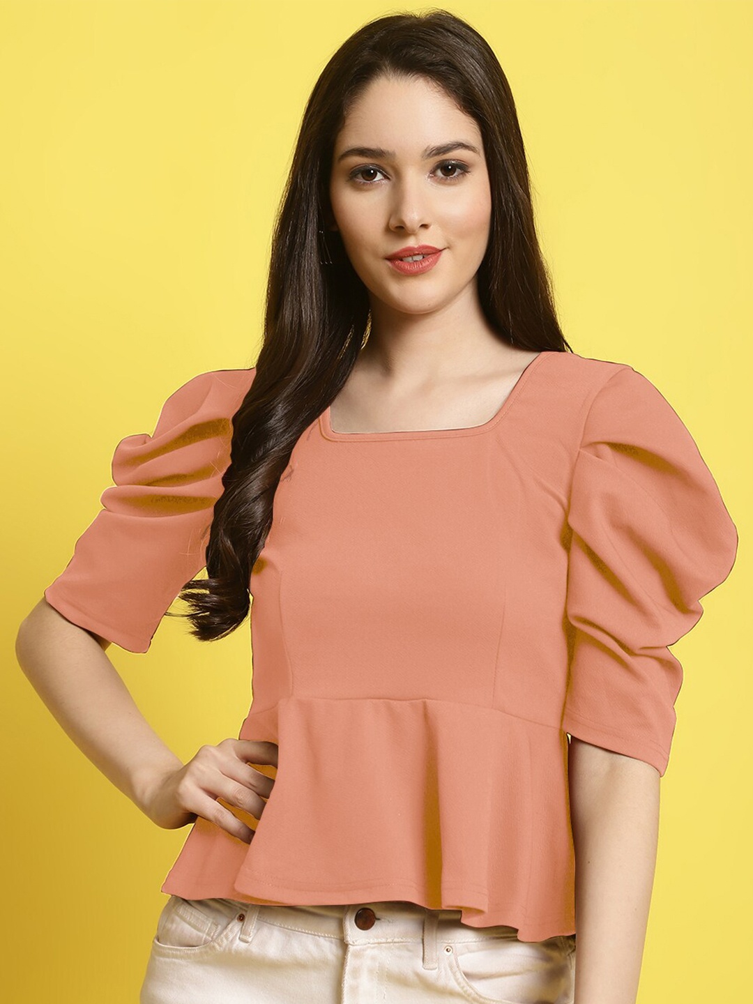 

BAESD Square Neck Puff Sleeve Peplum Top, Peach