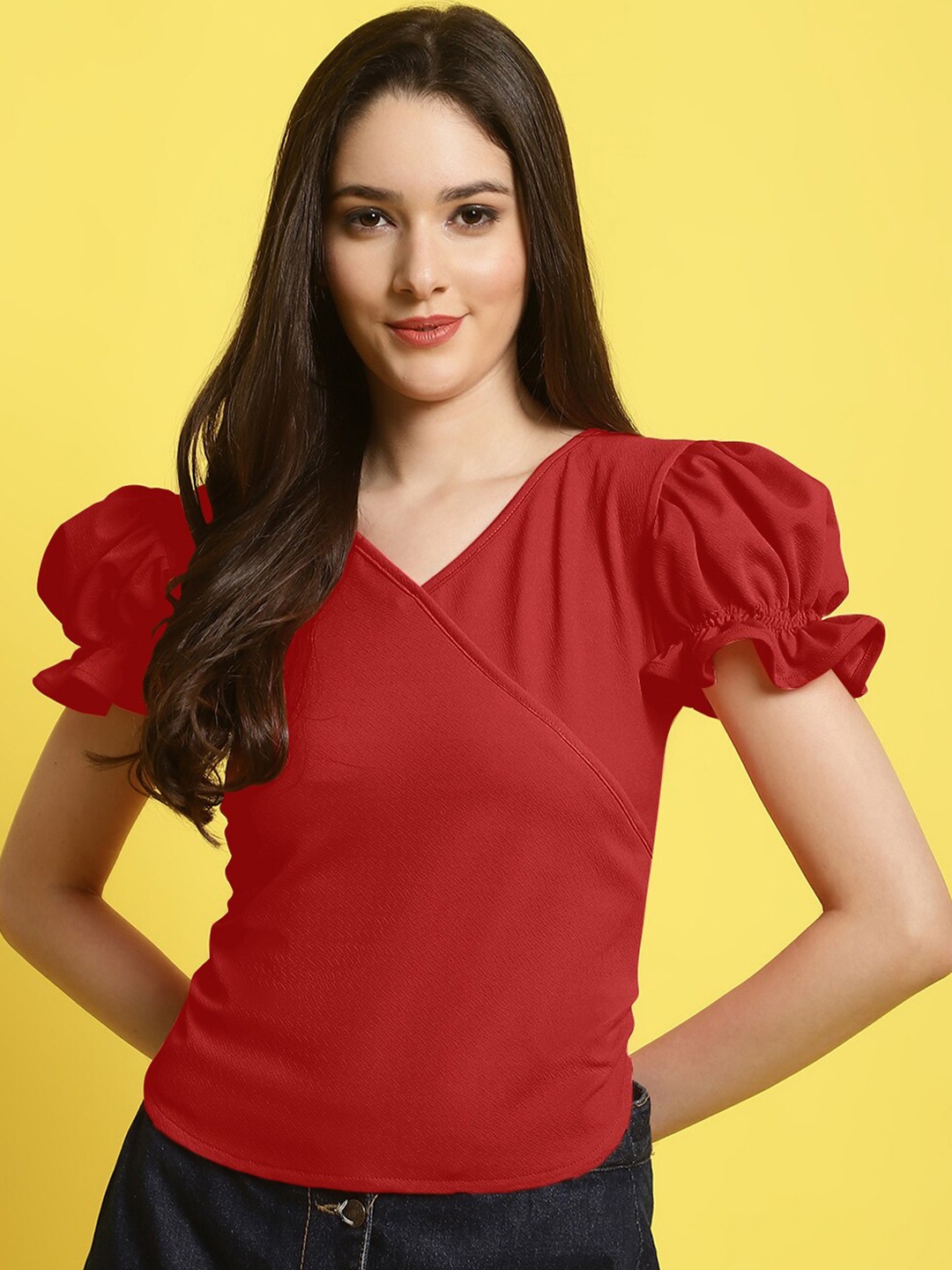 

BAESD V-Neck Puff Sleeves Top, Red