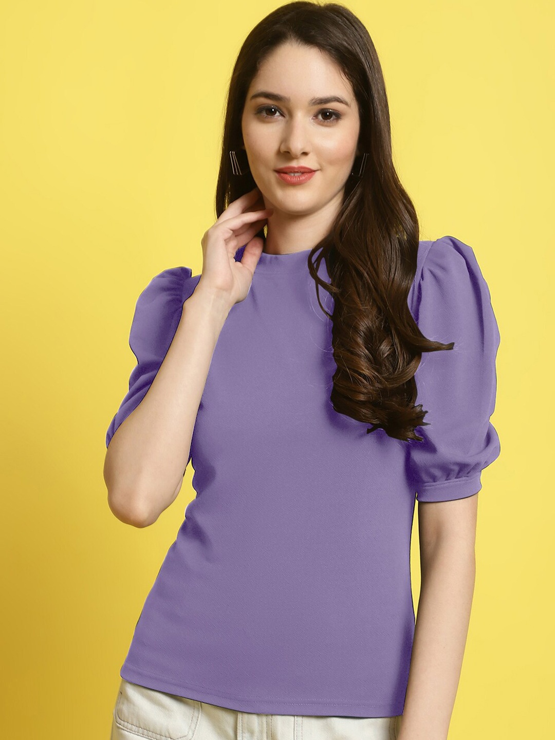 

BAESD High Neck Puffed Sleeves Top, Lavender