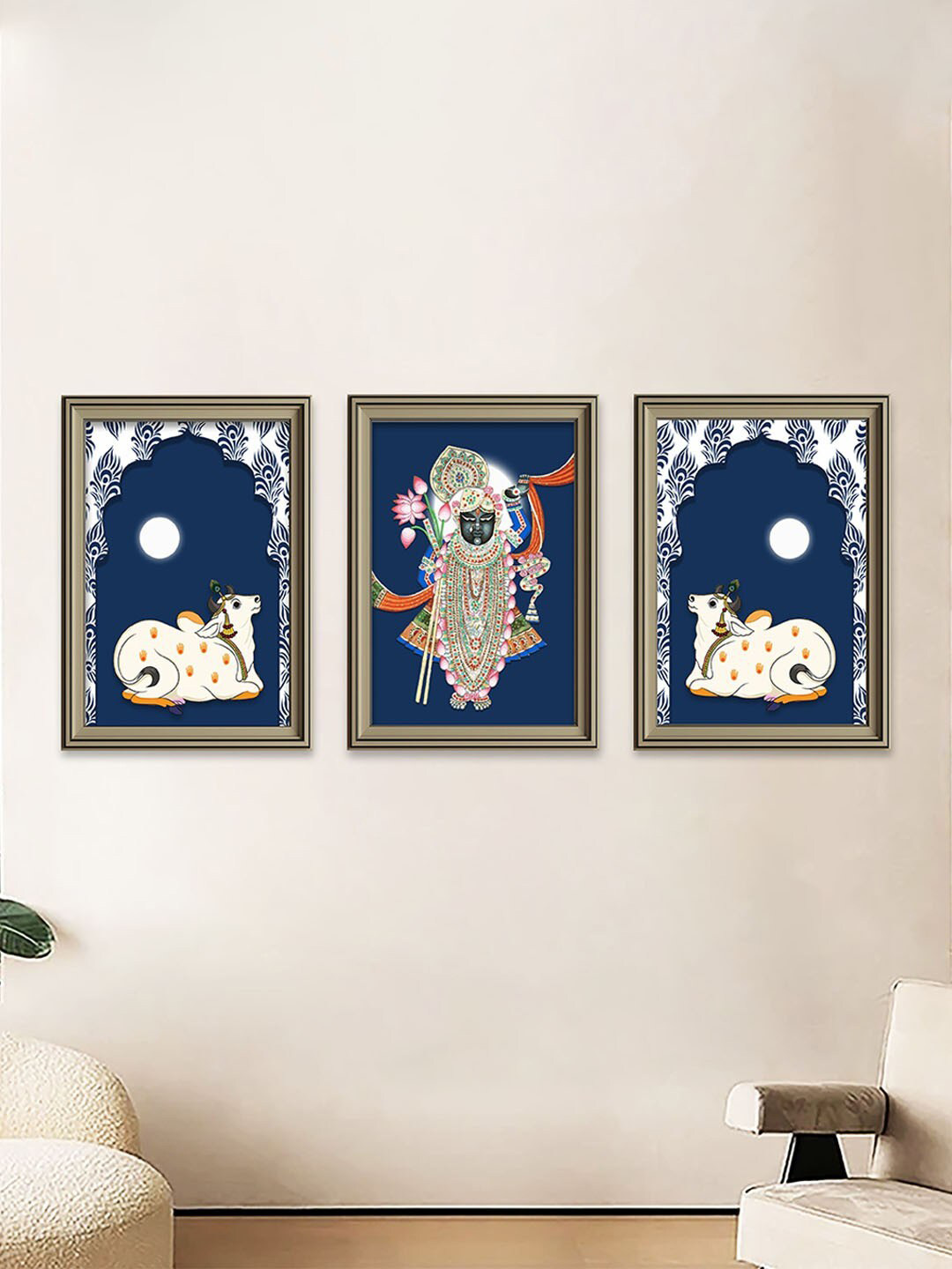 

Art Street Blue & White 3-Pieces Shrinathji Dancing Printed Framed Wall Art