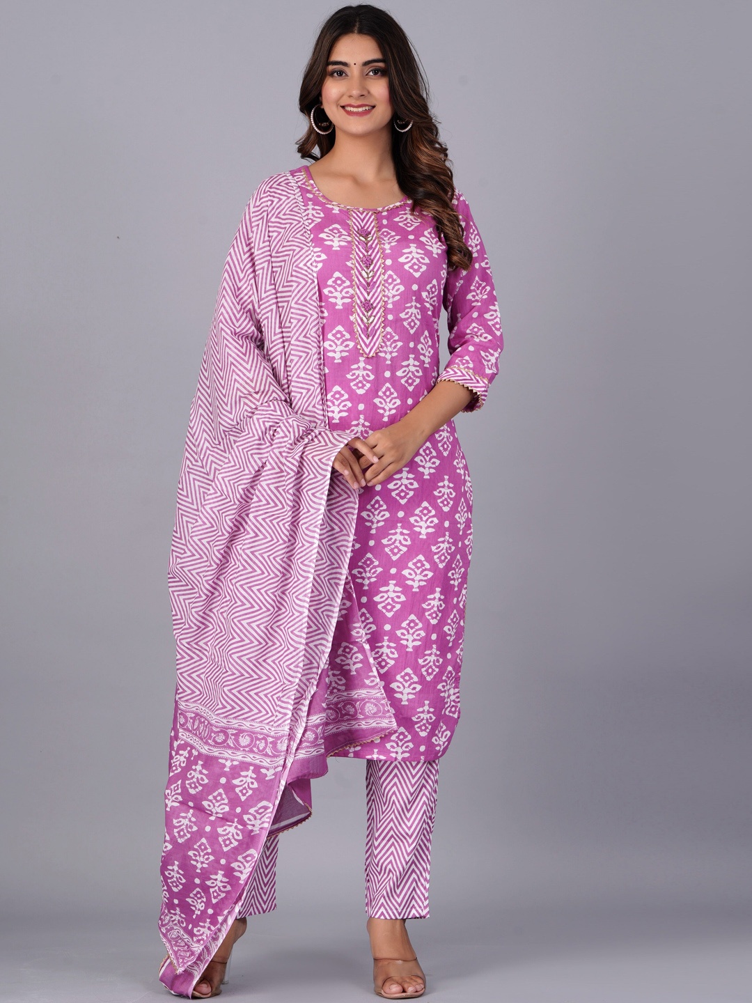 

KALINI Floral Printed Round Neck Gotta Patti Straight Kurta With Trousers & Dupatta, Pink