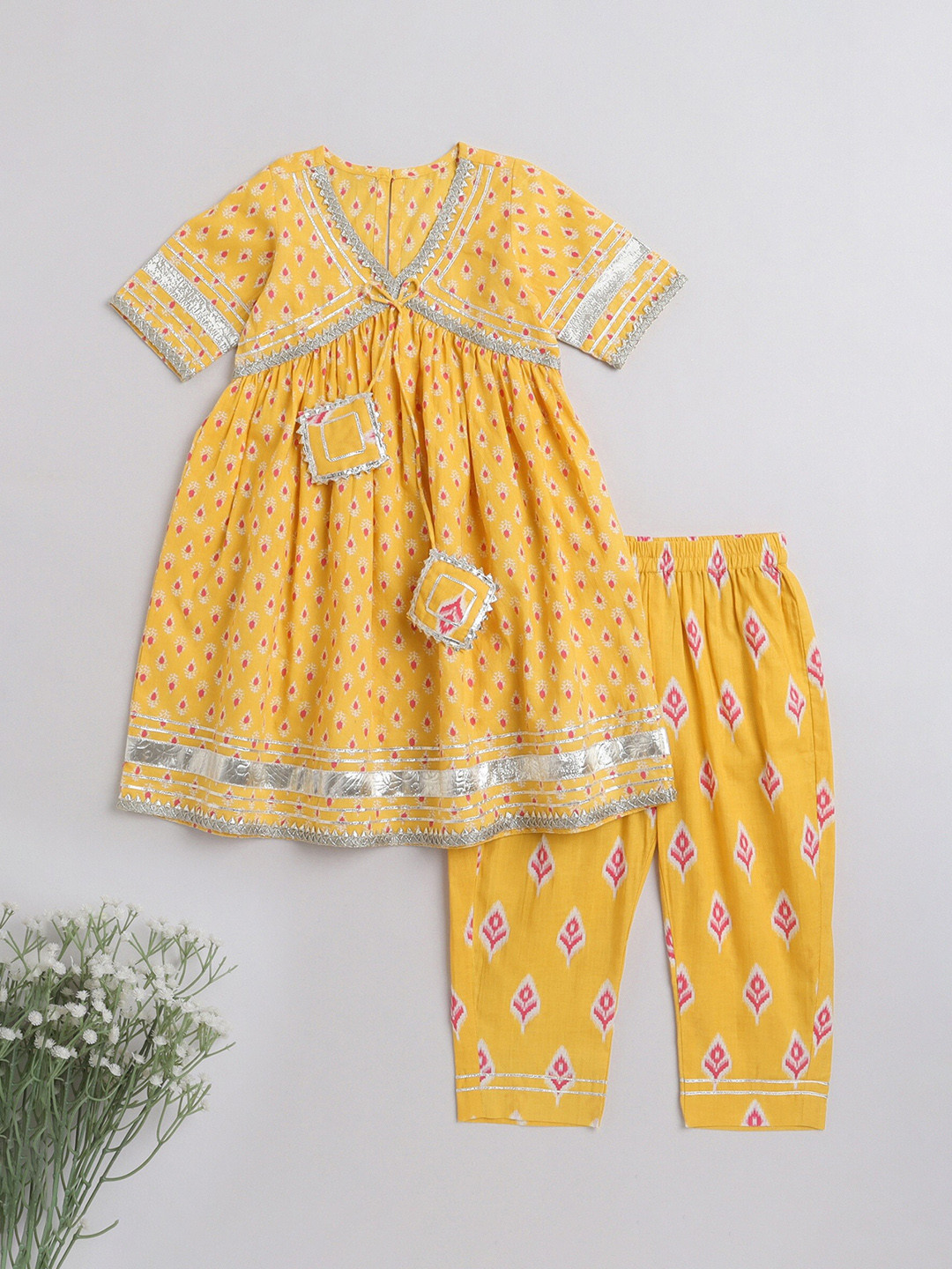

The Magic Wand Girls Ethnic Printed Empire Gotta Patti Pure Cotton Kurti with Trousers, Mustard