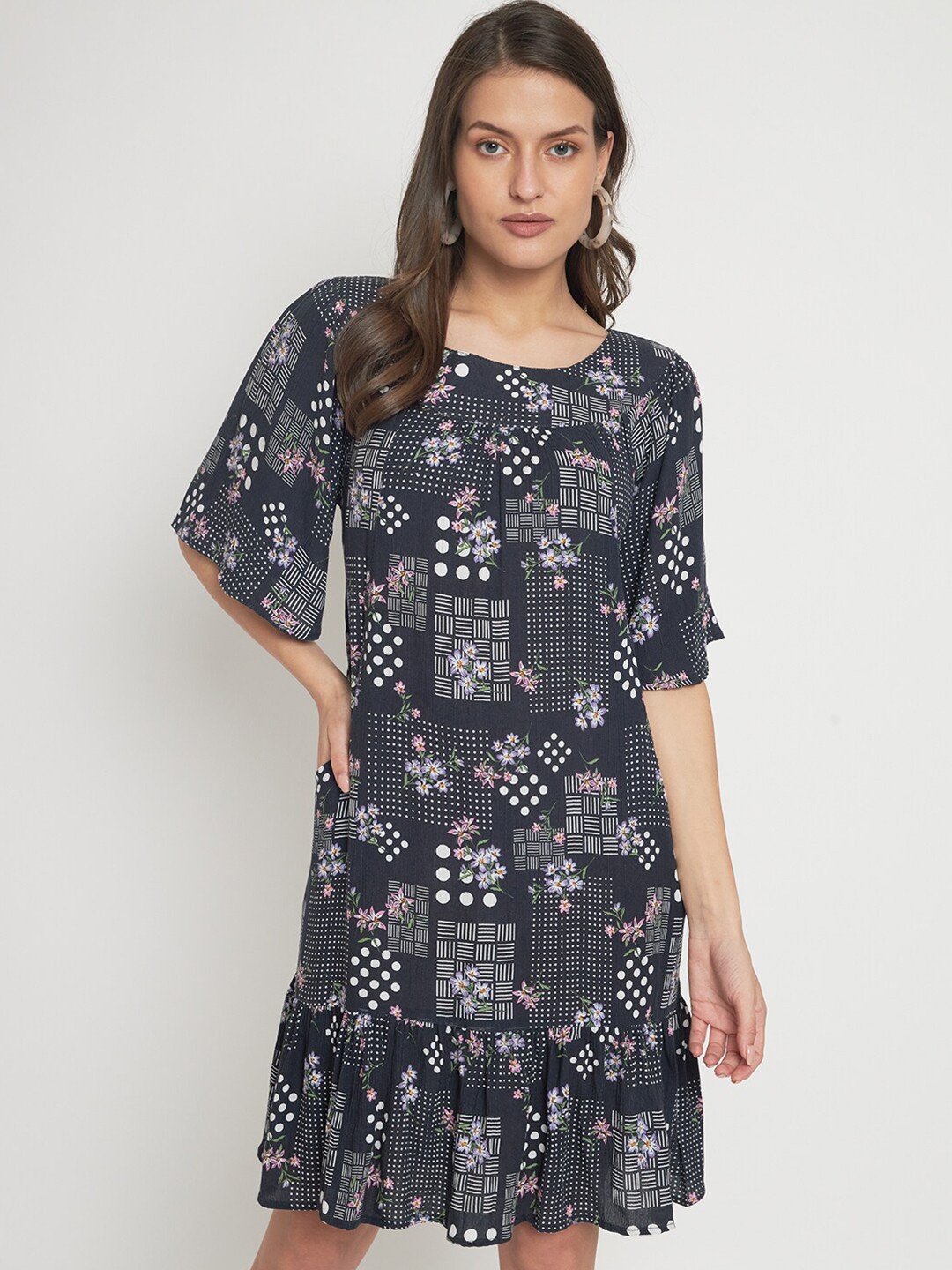 

VELDRESS Floral Printed Flared Sleeve A-Line Dress, Navy blue