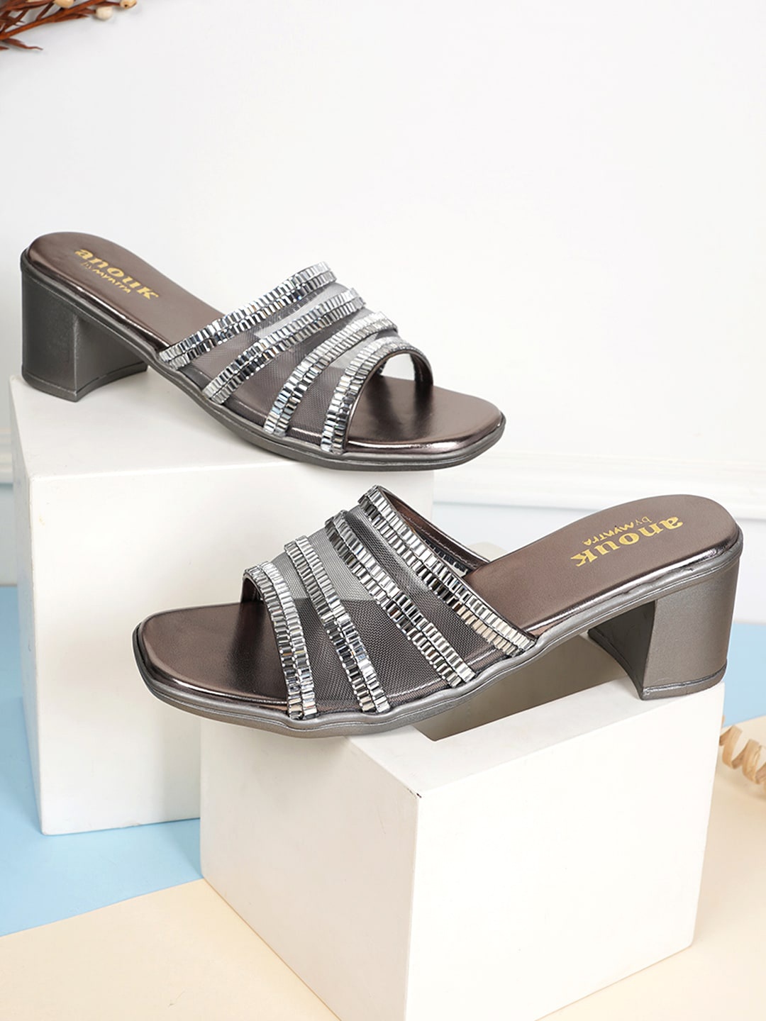 

Anouk Grey Embellished Open Toe Block Heels