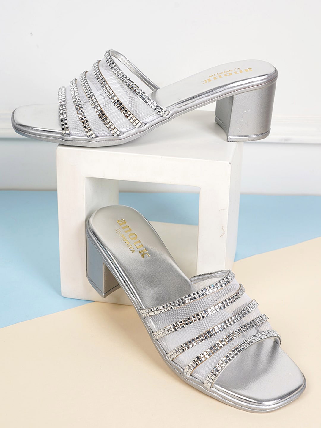 

Anouk Silver Toned Embellished Open Toe Block Heels