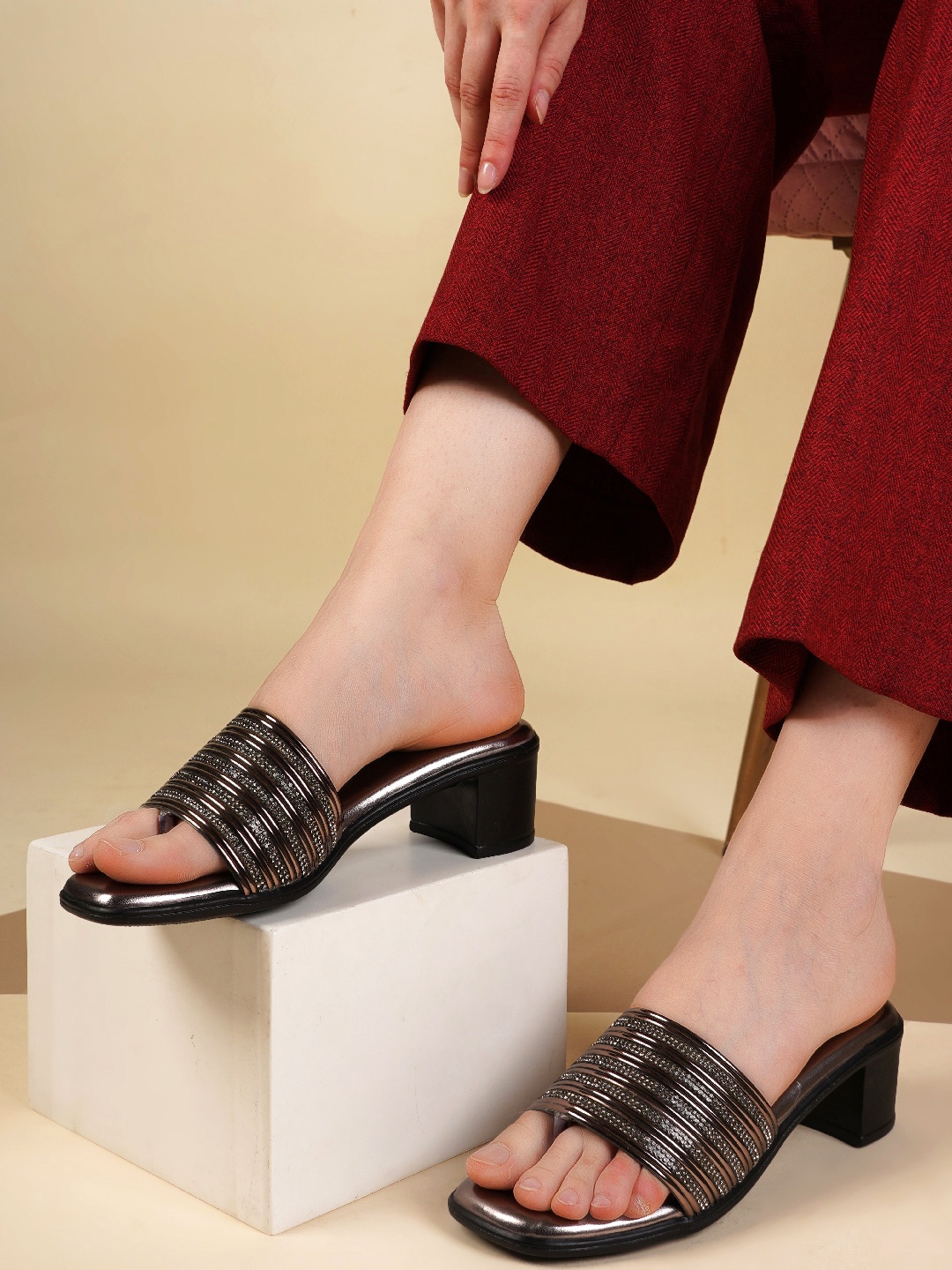 

Anouk Grey Embellished Open Toe Block Heels