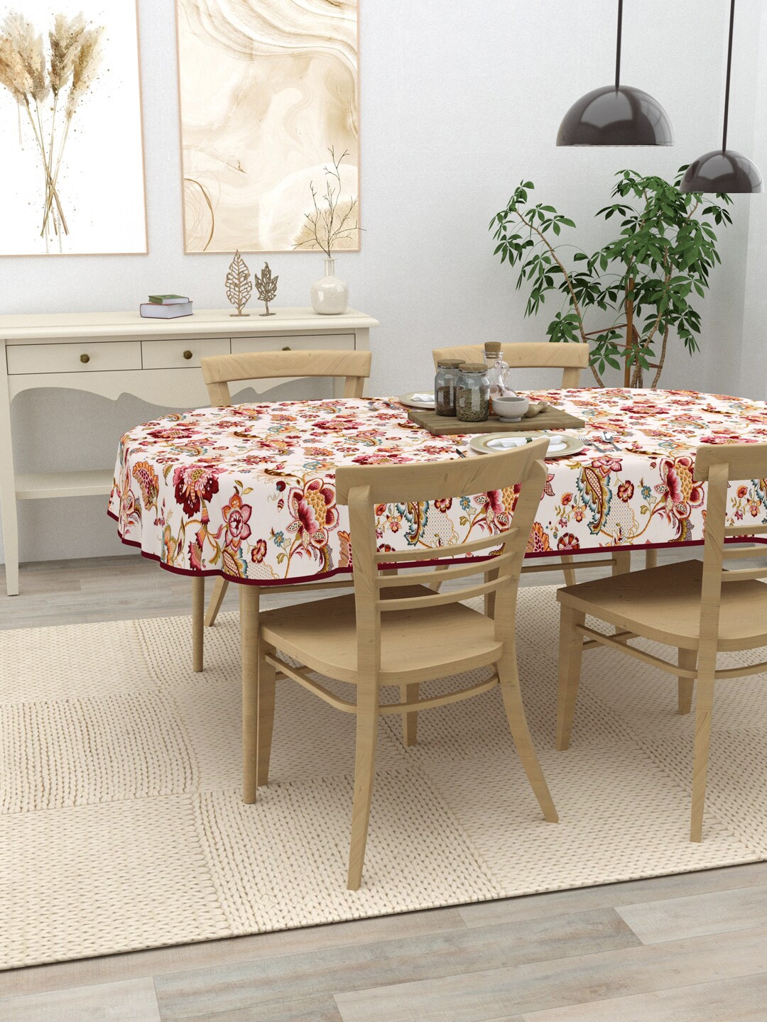 

Clasiko White & Maroon Printed Cotton 4-Seater Table Cover