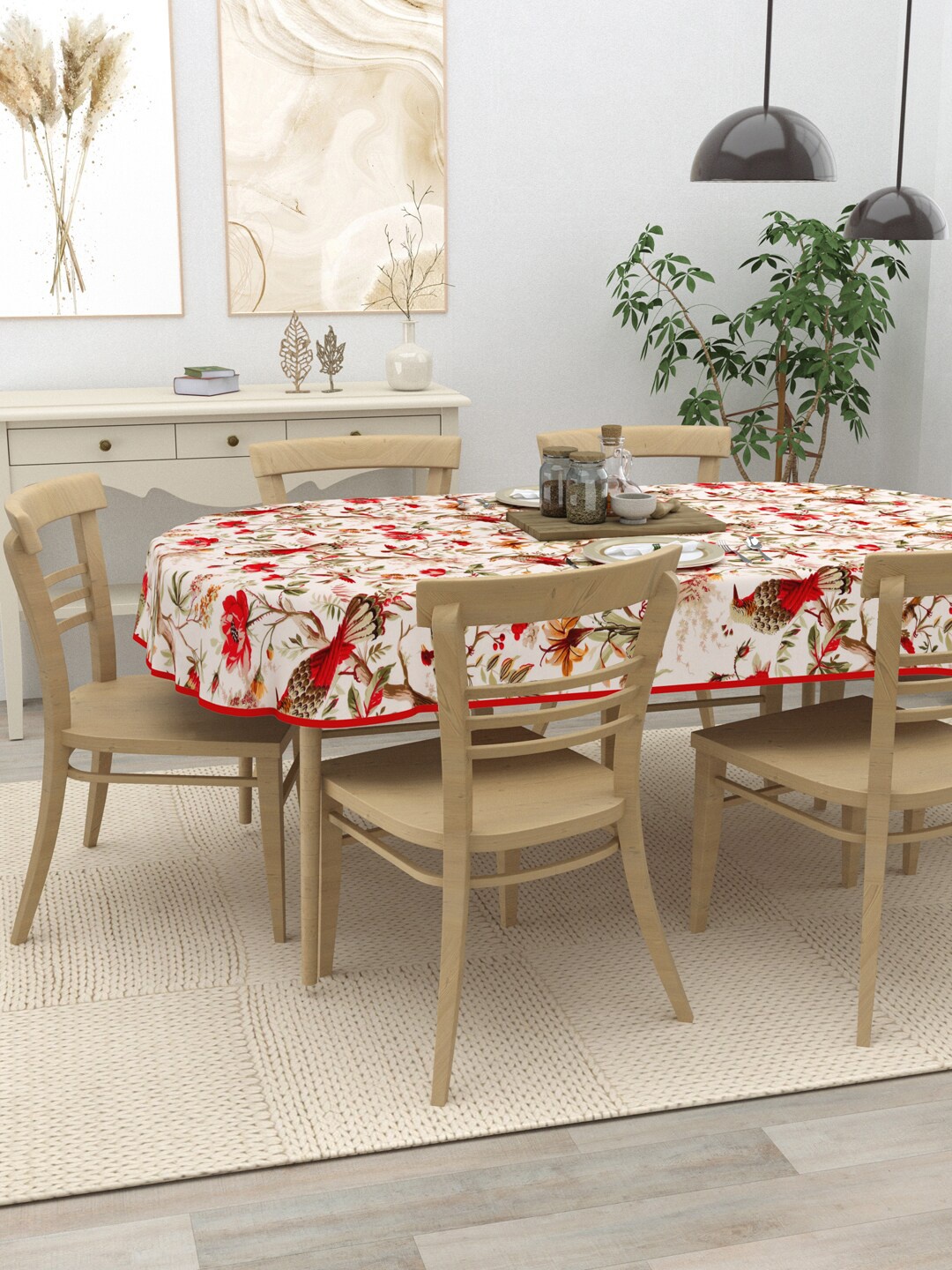 

Clasiko White & Red Printed Cotton 6-Seater Table Cover