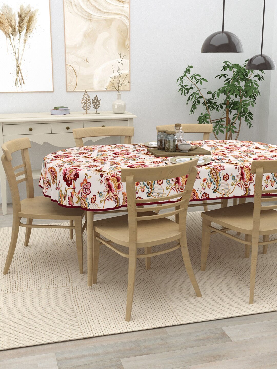 

Clasiko White & Maroon Printed Cotton 6-Seater Table Cover
