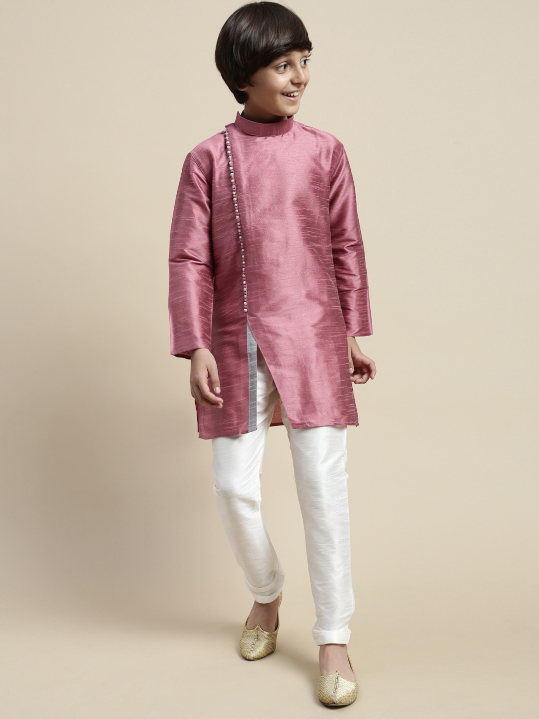 

Sanwara Boys Mandarin Collar Art Silk Angrakha Kurta with Pyjamas, Pink