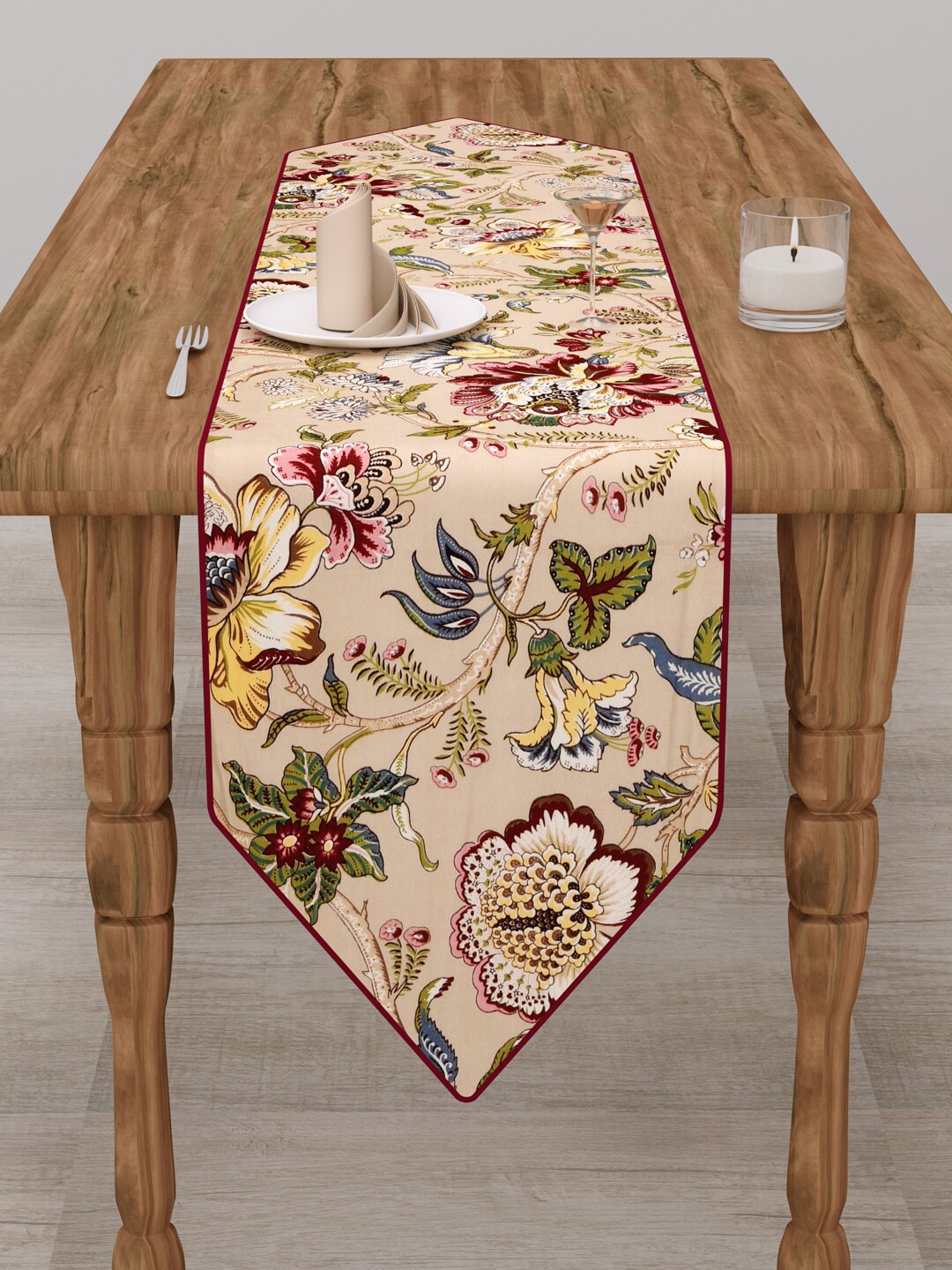 Clasiko Beige & Maroon Printed Pure Cotton Table Runner