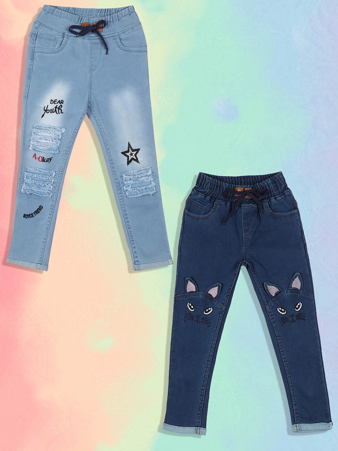 

A-Okay Girls Pack Of 2 Slim Fit High-Rise Embroidered Jeans, Blue