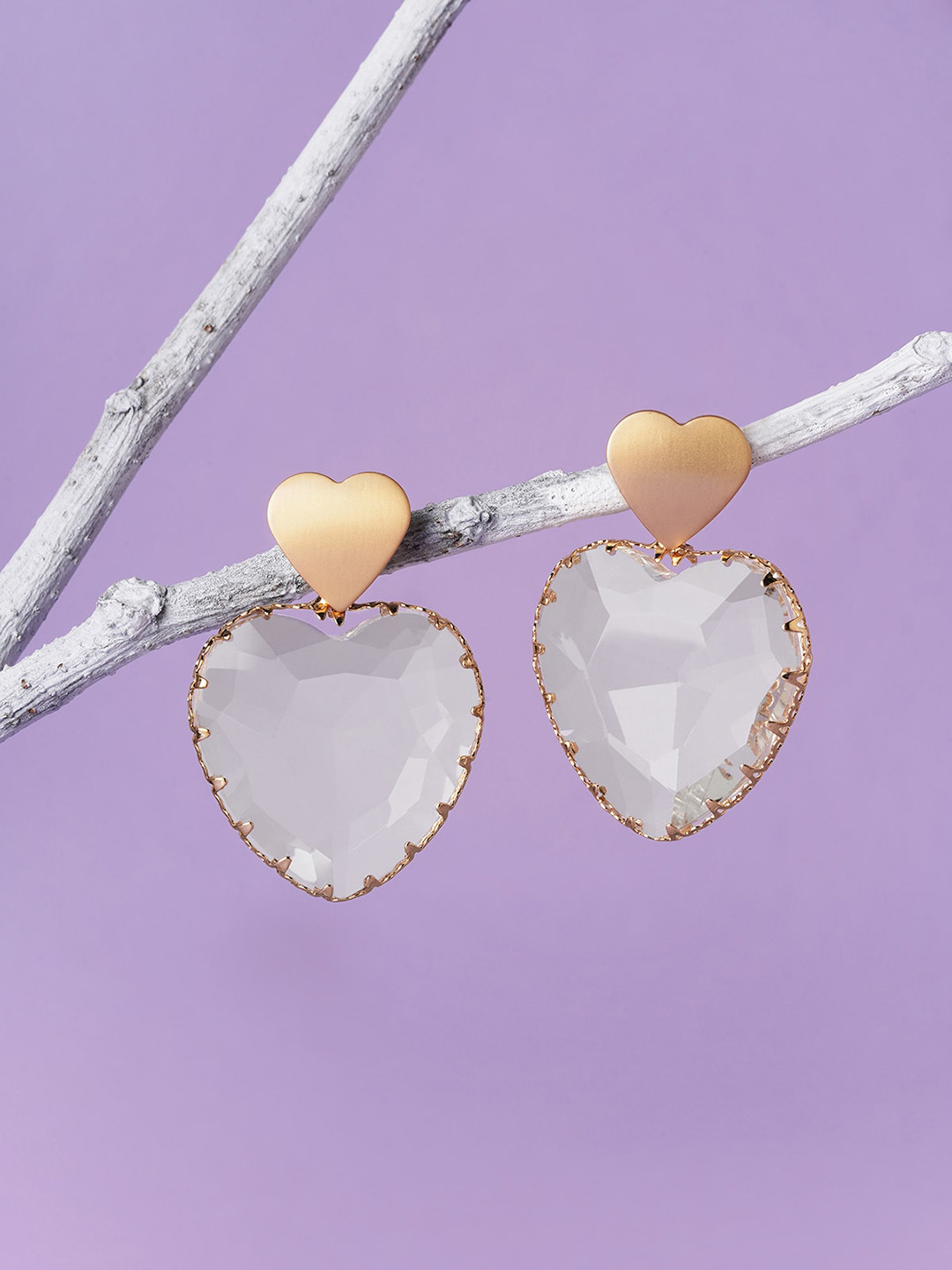 

AQUASTREET Gold-Plated Crystal-Studded Heart Shaped Drop Earrings