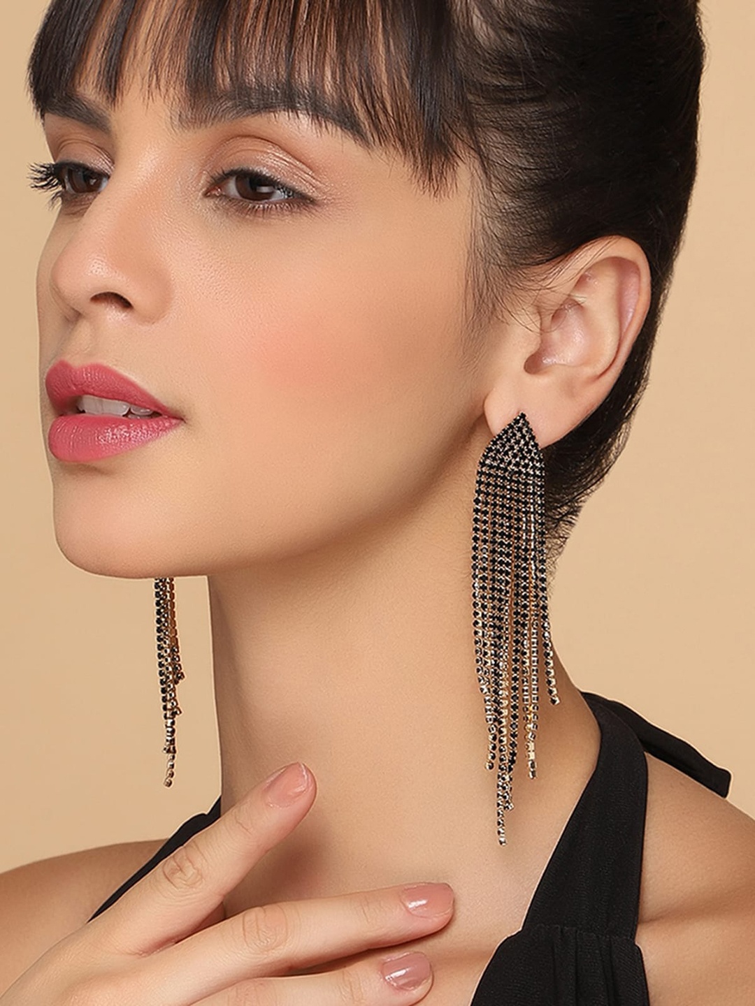 

AQUASTREET Western Dazzling Black Long tasselled Rhinestones Danglers Earrings, Gold