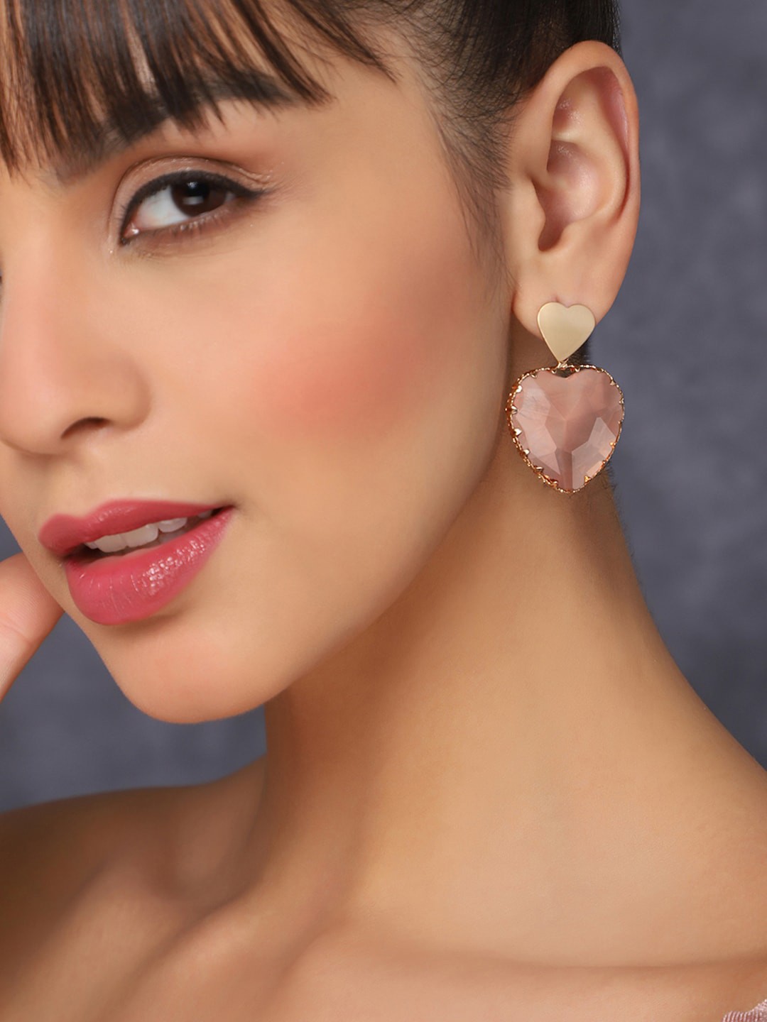 

AQUASTREET Gold-Plated Crystal-Studded Heart Shaped Drop Earrings