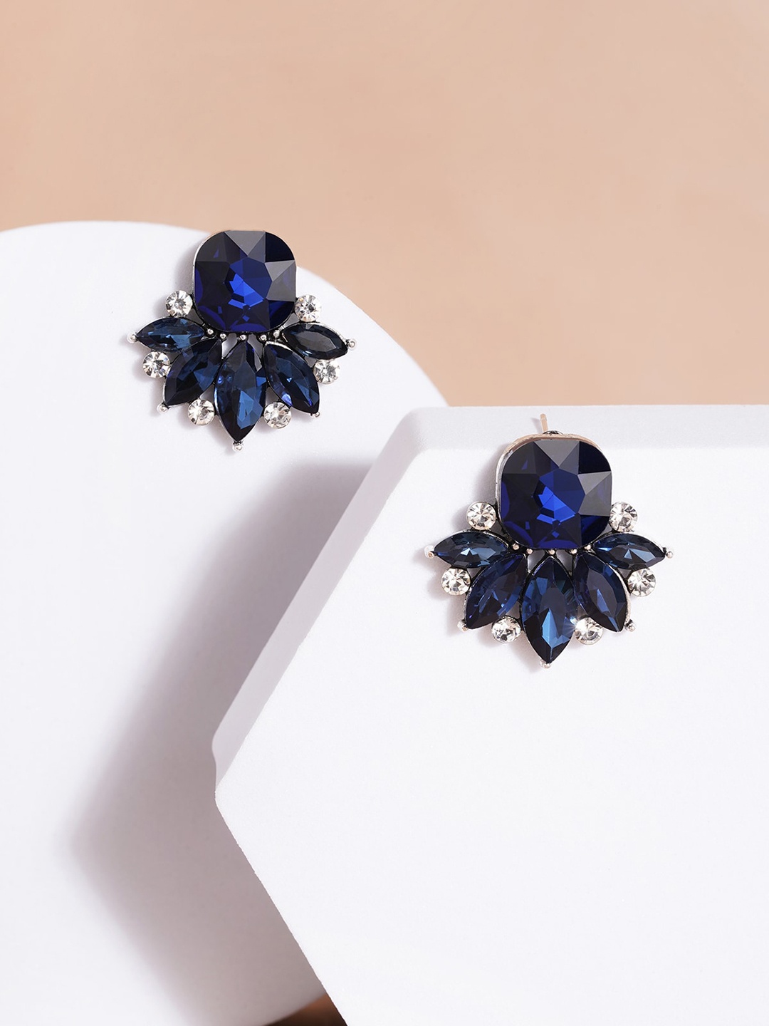 

AQUASTREET Silver-Plated Rhinestone-Studded Floral Studs Earrings