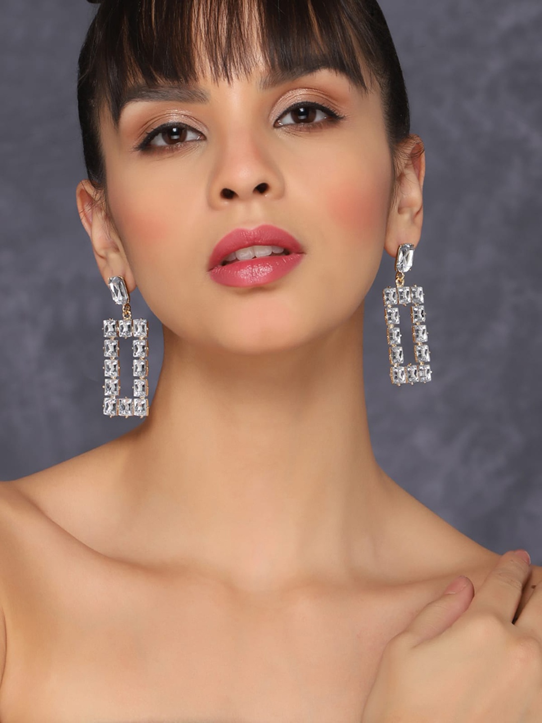 

AQUASTREET Silver-Plated Crystal-Studded Square Shaped Drop Earrings