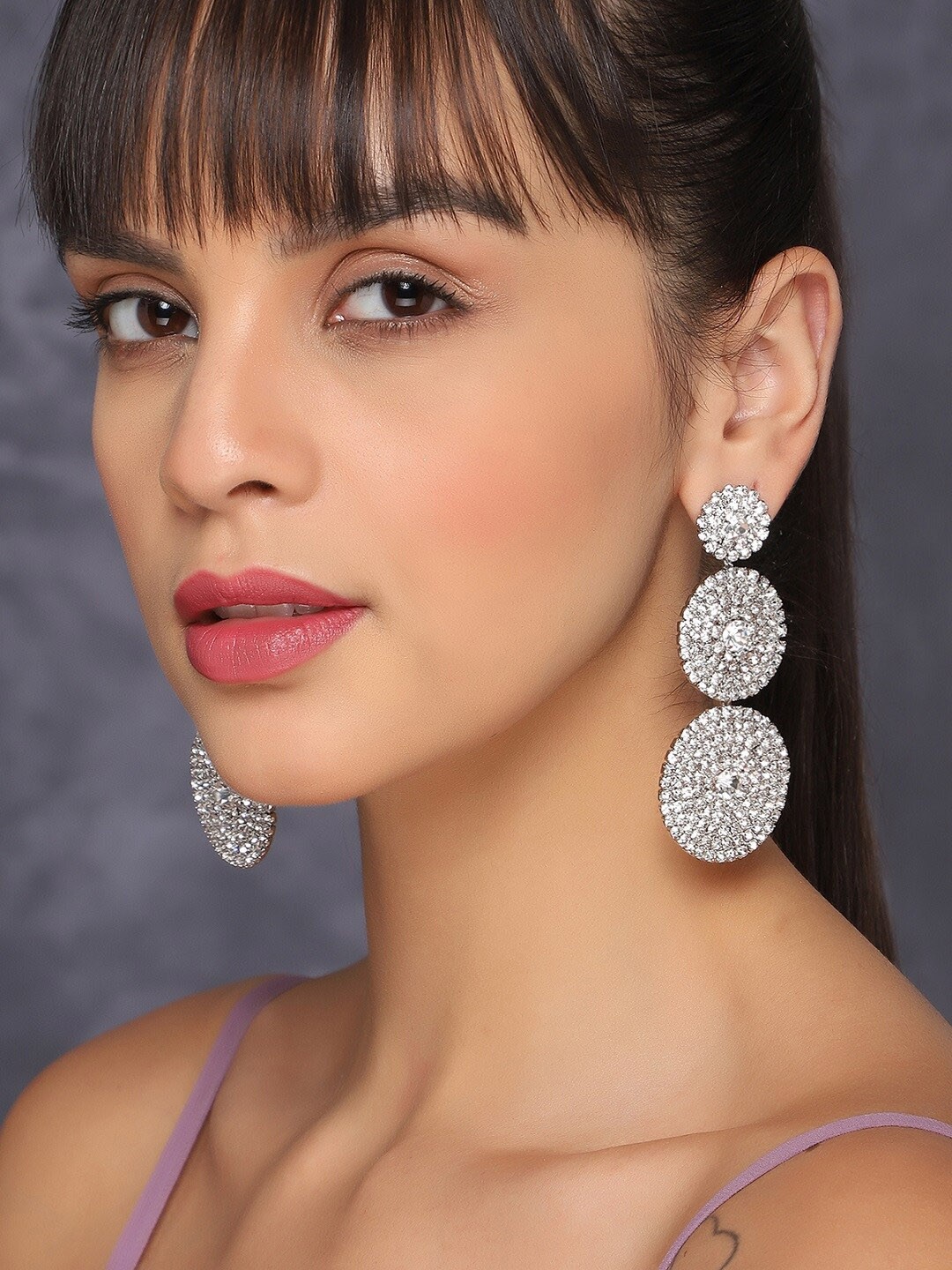 

AQUASTREET Silver-Plated Rhinestone-Studded Circular Drop Earrings
