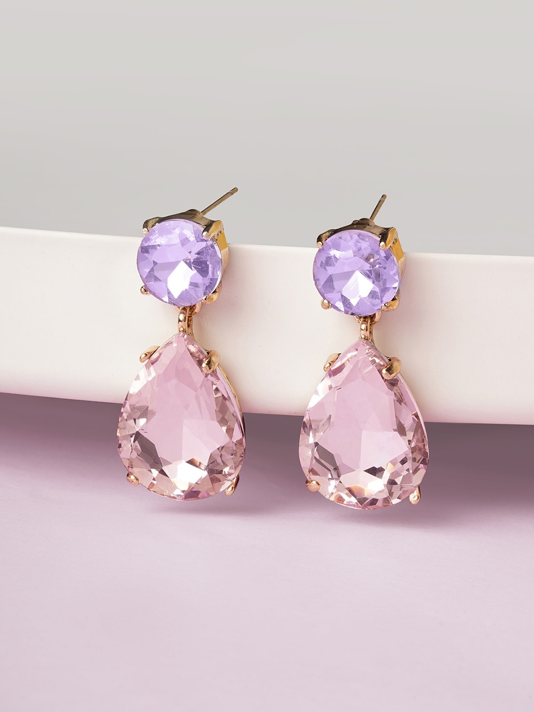 

AQUASTREET Gold Plated Crystals Studded Teardrop Shaped Drop Earrings