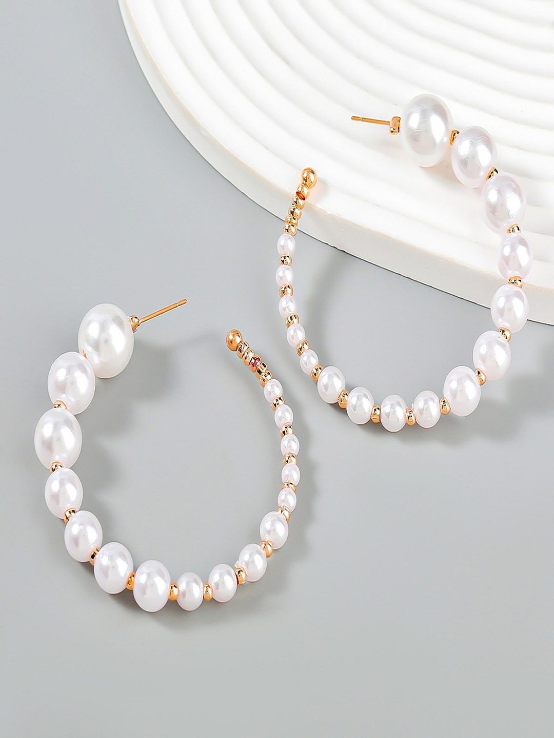 

AQUASTREET Gold Plated Pearls Beaded Circular Half Hoop Earrings