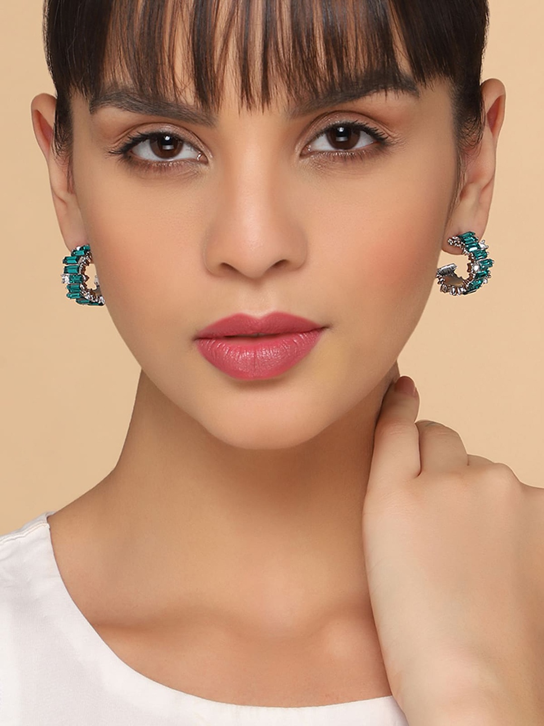 

AQUASTREET Silver Plated Crystals Studded Half Hoop Earrings