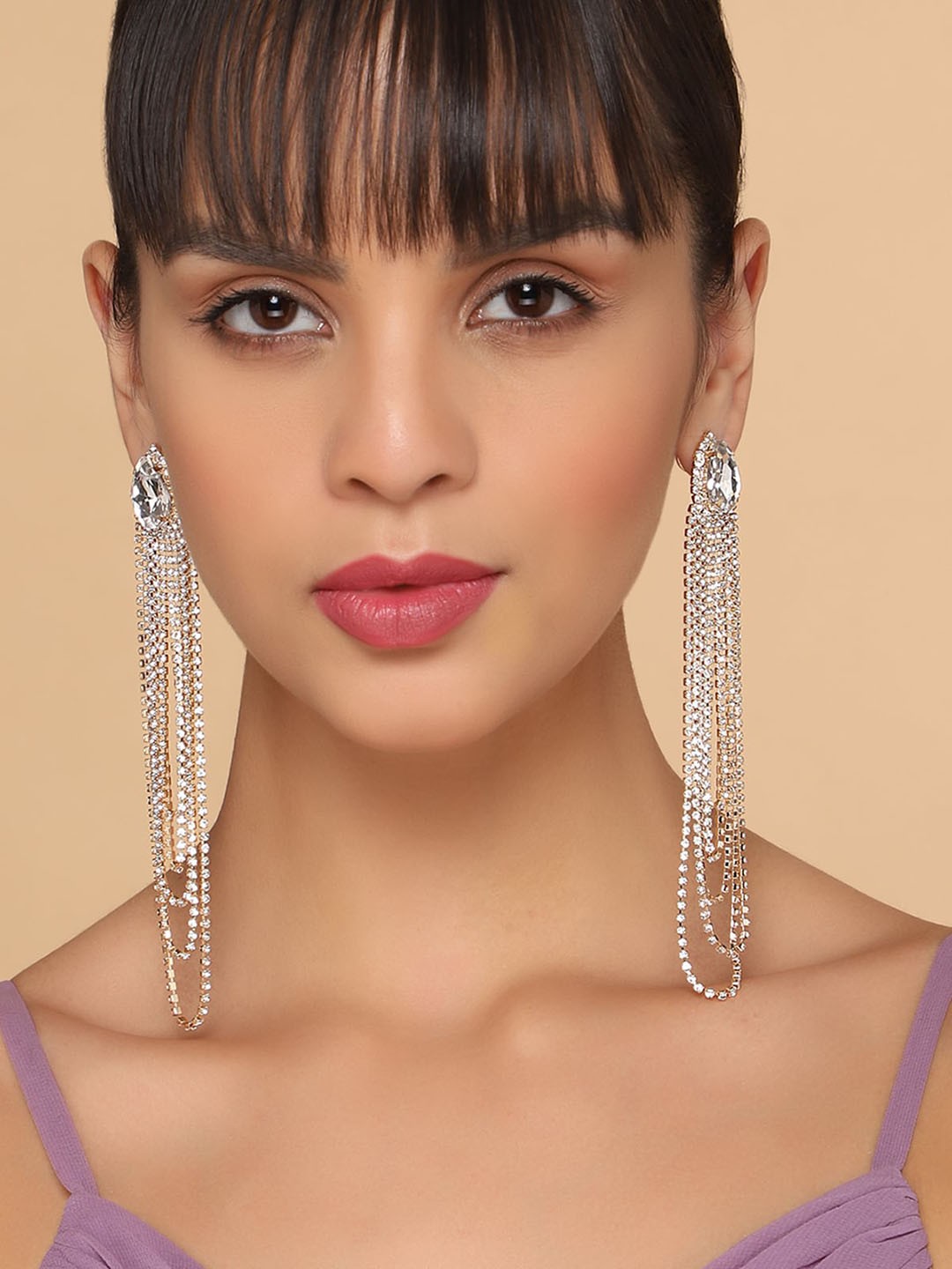 

AQUASTREET Gold-Plated Stone-Studded Dangler Drop Earrings