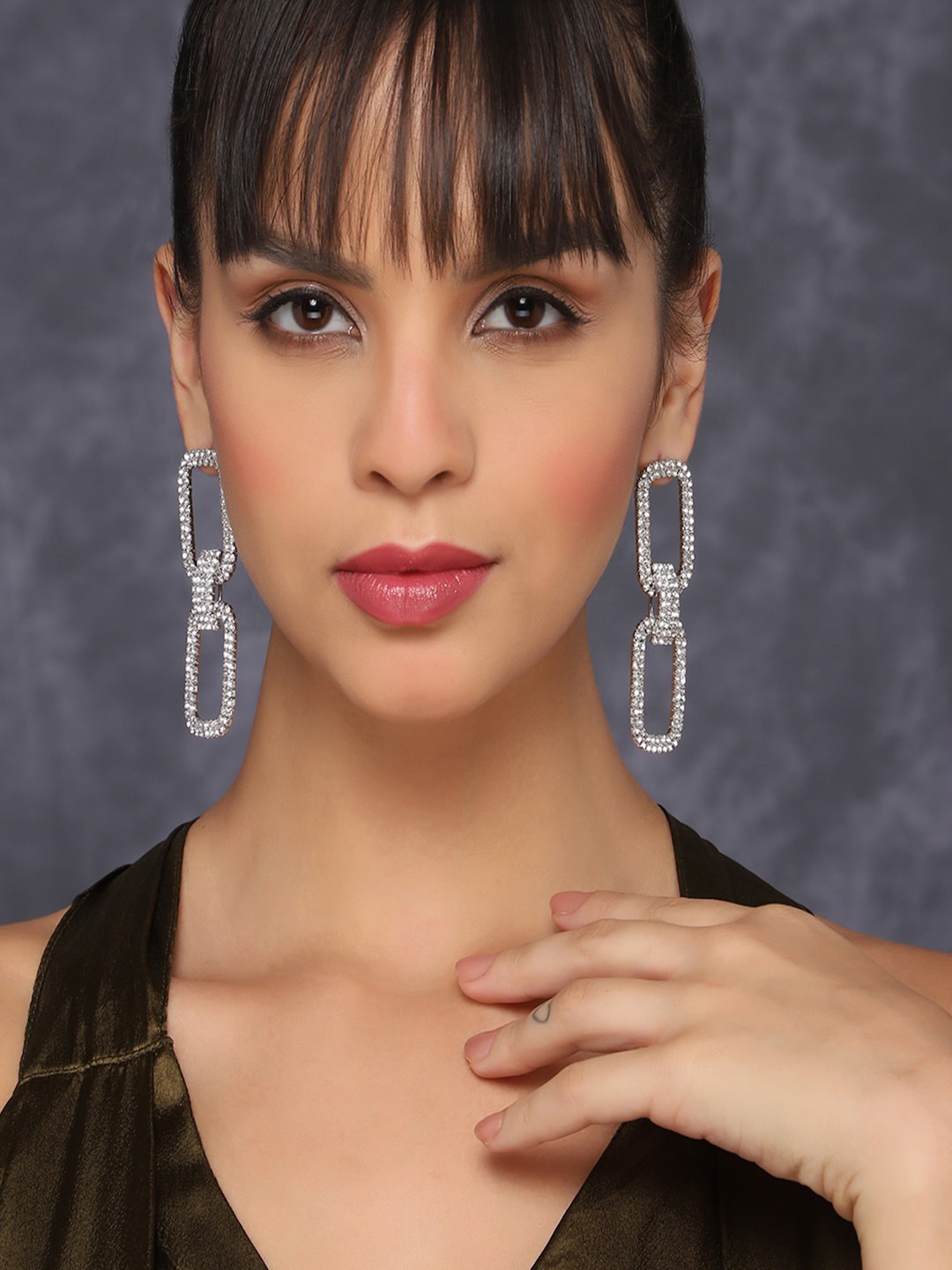

AQUASTREET Silver Plated Rhinestone Studded Geometric Drop Earrings