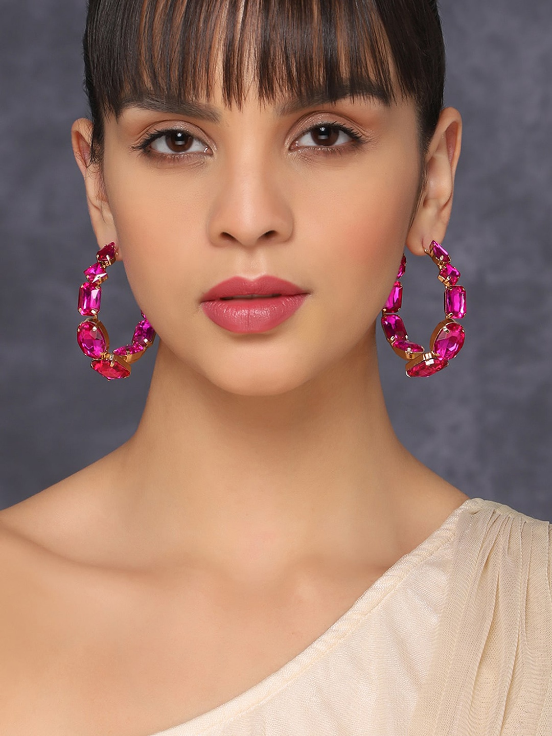 

AQUASTREET Deep Pink Glamorous Glass Studded Gold Plated Alloy Open Hoops Earrings