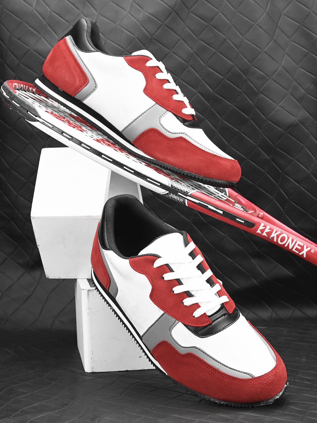 

Mast & Harbour Men Red & Grey Colourblocked Leather Sneakers