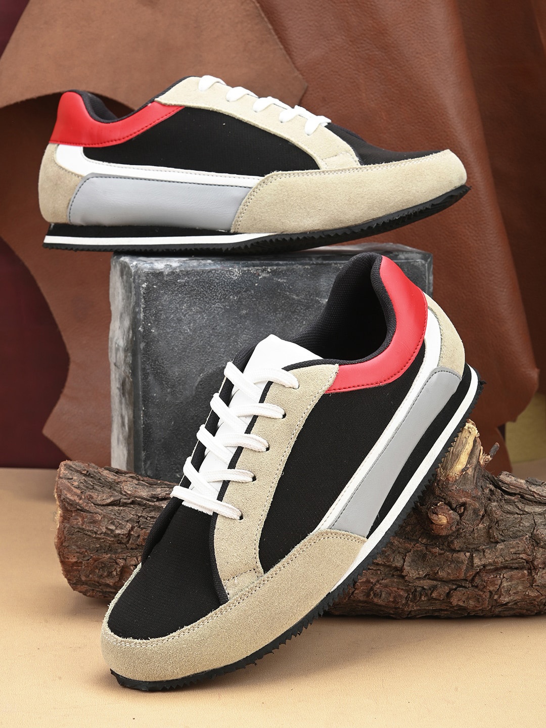 

Mast & Harbour Men Black & Grey Colourblocked Leather Padded Insole Sneakers