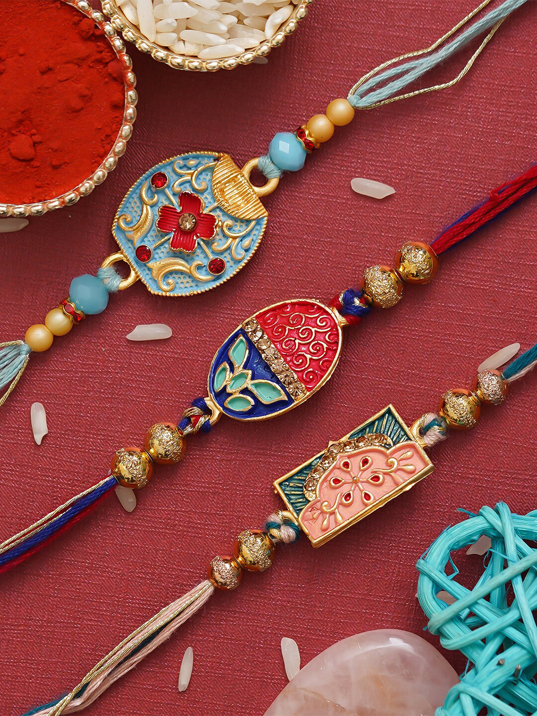 

Anil Rakhi Unisex Set Of 3 Designer Beaded Rakhi With Roli Chawal, Blue