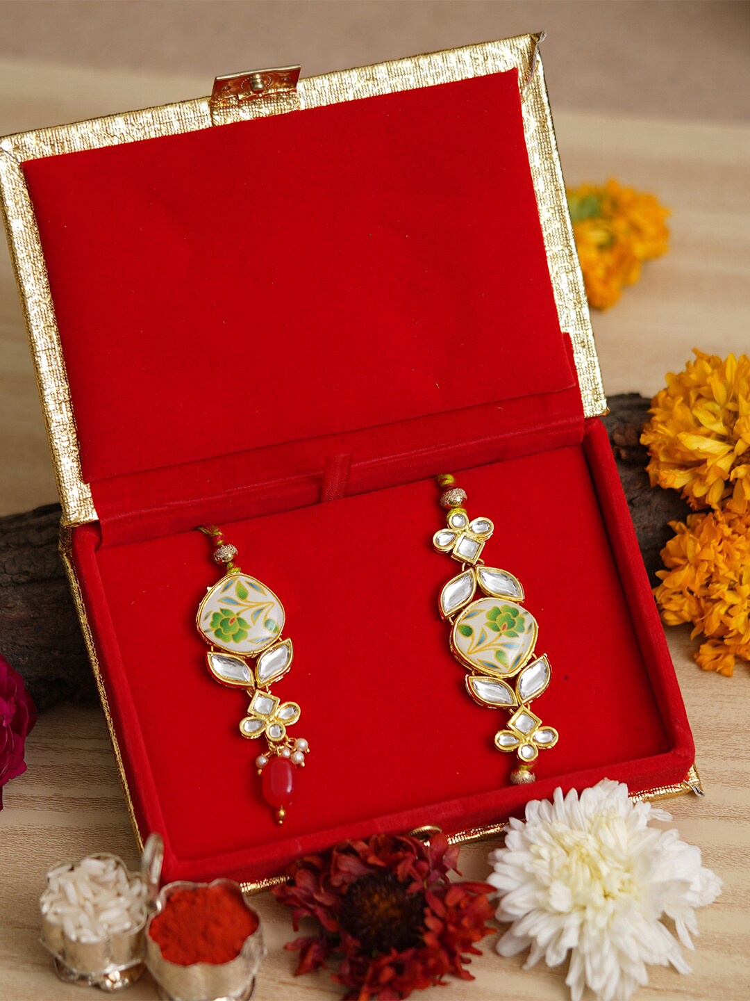 

Anil Rakhi Unisex Set Of 2 Designer Floral Rakhi With Roli Chawal Pack, Red