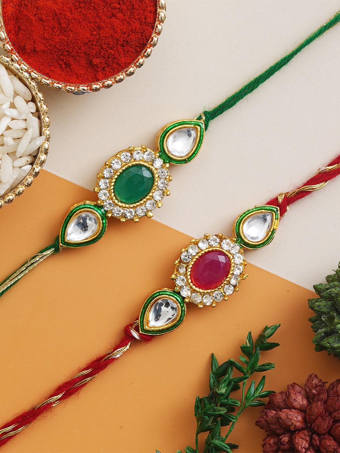 

Anil Rakhi Unisex Set of 2 Pearls Designer Rakhi's & Roli Chawal Pack, Red