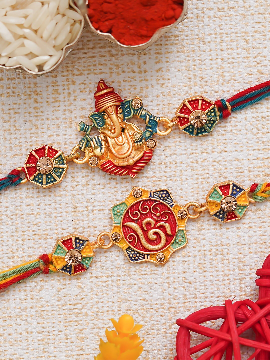 

Anil Rakhi Set Of 2 Thread Rakhis With Roli Chawal & Greeting Card, Gold