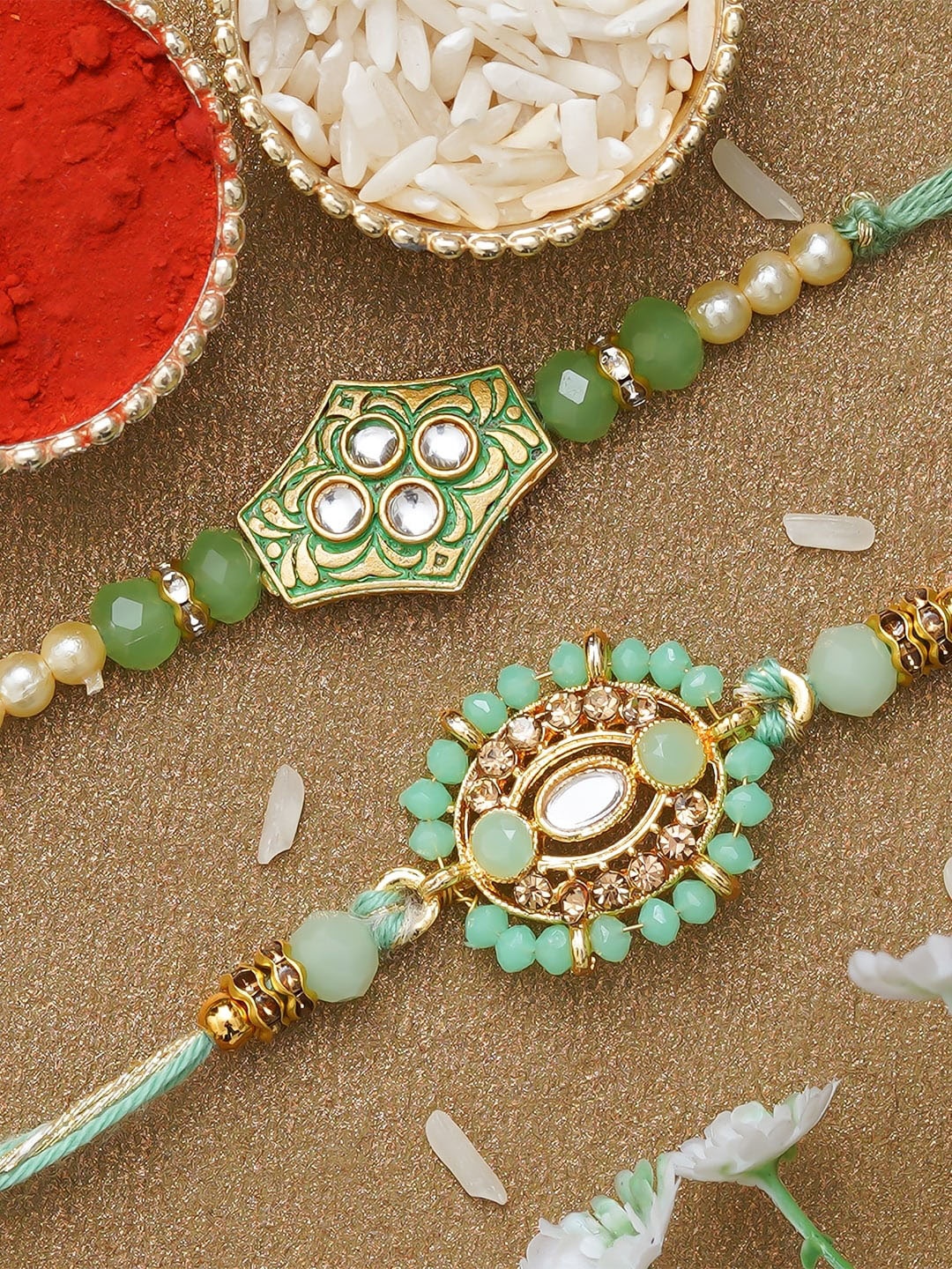 

Anil Rakhi Unisex Set Of 2 Designer Beaded Rakhi With Roli Chawal, Green