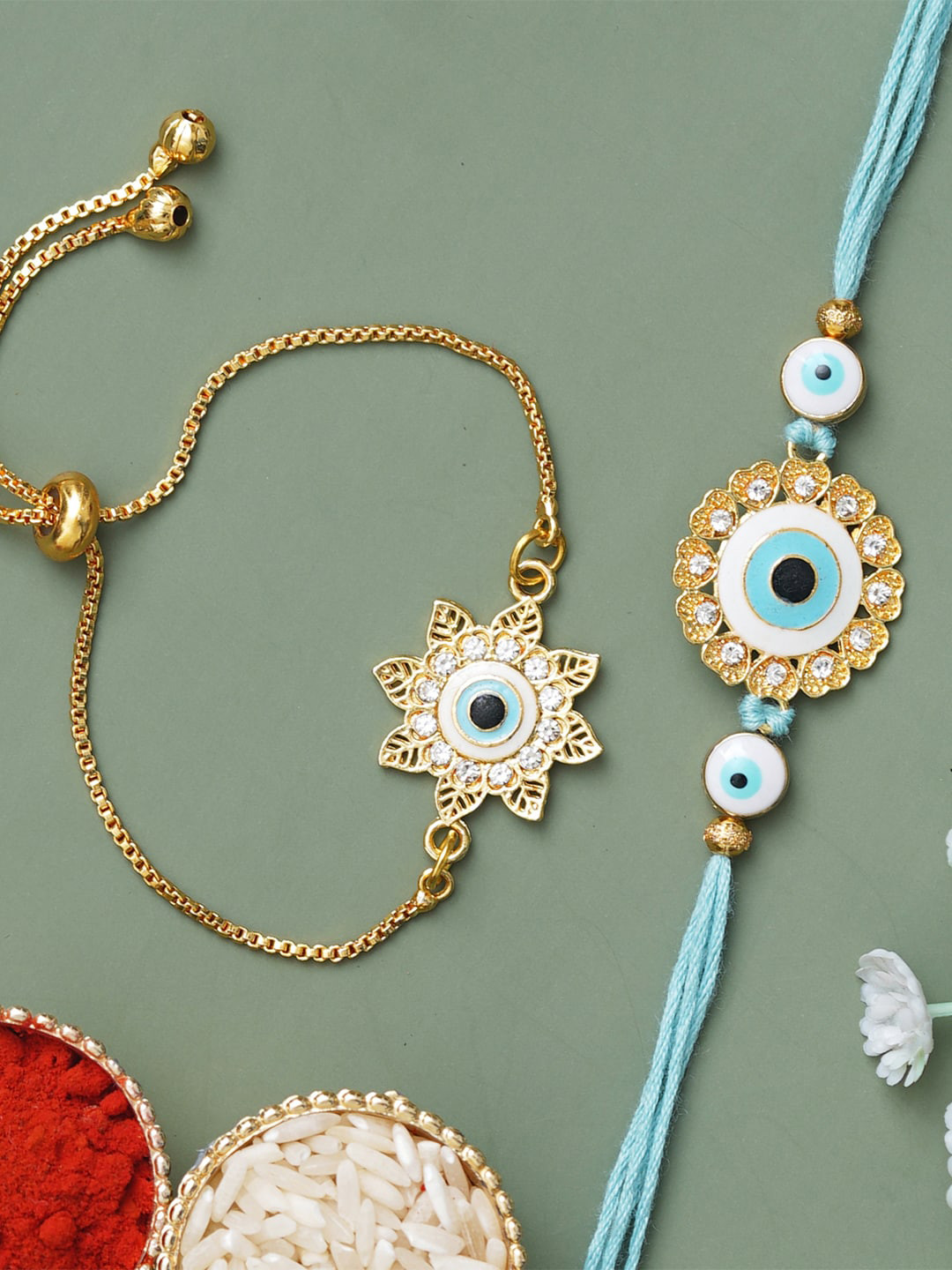 

Anil Rakhi Unisex Set Of 2 Floral, Evil Eye Designer Rakhi With Roli Chawal, Blue