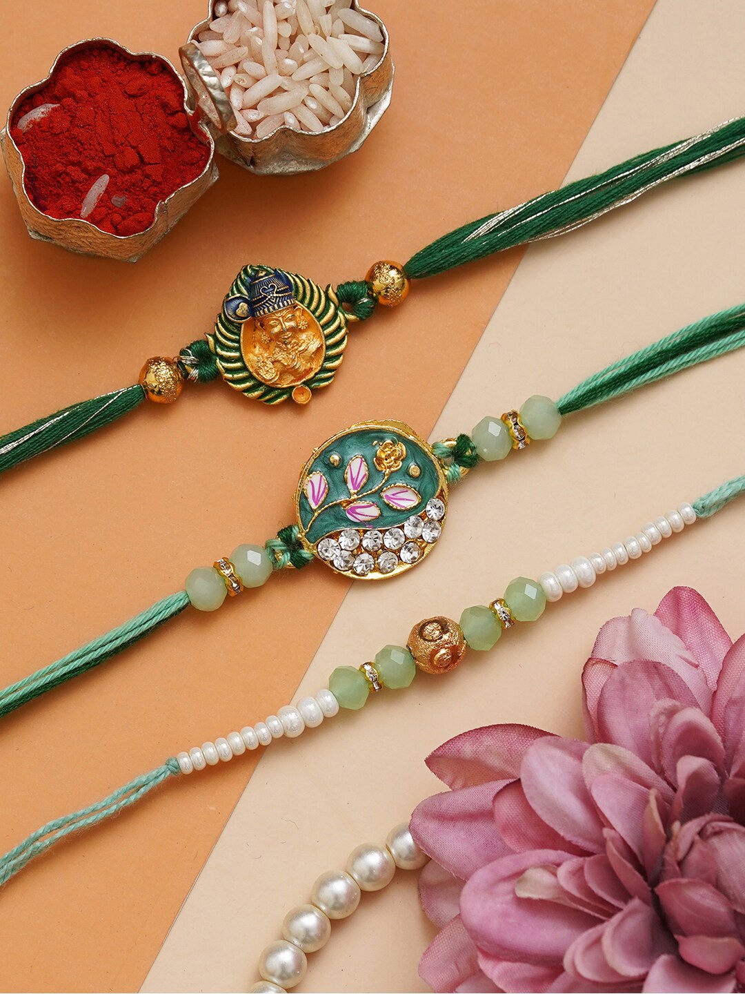

Anil Rakhi Set Of 3 Stone Studded & Beaded Thread Rakhis With Roli Chawal & Greeting Card, Green