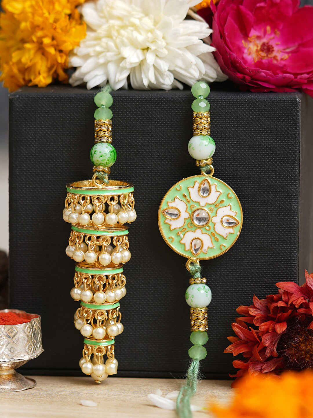 

Anil Rakhi Set Of 2 Designer Bhaiya Bhabhi Rakhi Set With Roli Chawal Pack, Green