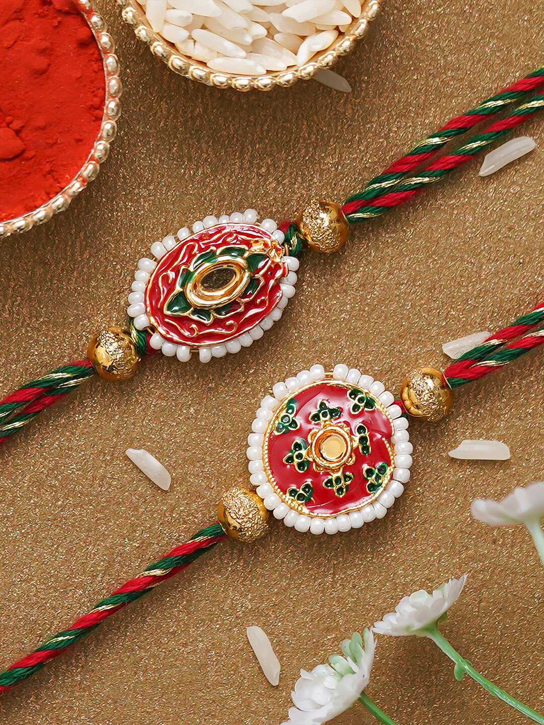 

Anil Rakhi Unisex Set Of 2 Designer Beaded Rakhi WIth Roli Chawal, Red